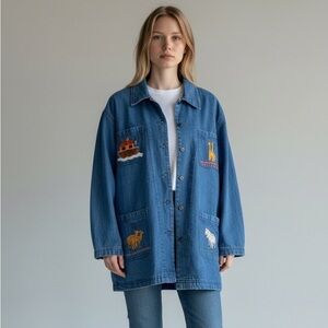 Vintage Noah's Ark Animal Embroidered Denim Chore Coat